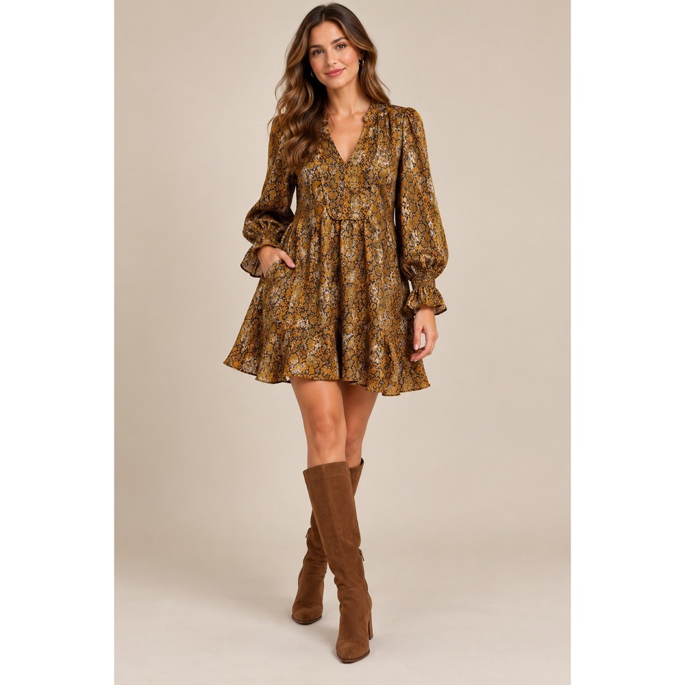 NWT French Connection Snake Mini Dress Womens Small Gold Metallic Jacquard
